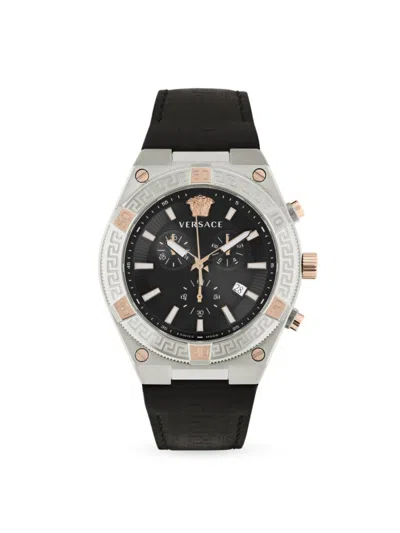 Versace V-sporty Greca Leather Watch In Black