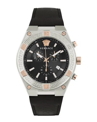 Versace V-sporty Greca Leather Watch In Black