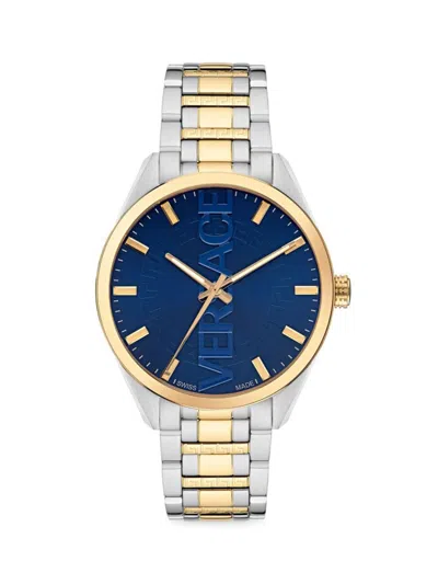 Versace Men's V Vertical Two Tone Ip Goldtone Stainless Steel Bracelet Watch In Blue