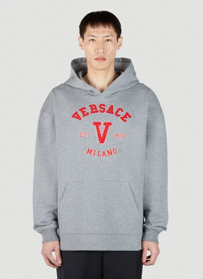 Versace Varsity Logo Patch Hooded Sweatshirt In Gray