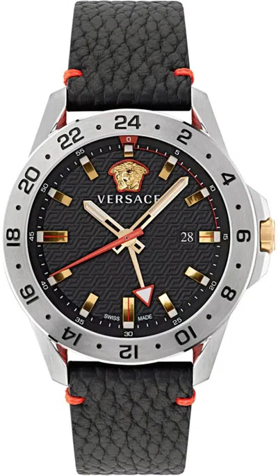 Pre-owned Versace Men's Ve2w00122 Sport Tech Gmt Date Swiss Made Black Leather Watch