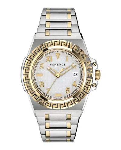 Pre-owned Versace Men's Ve3i00422 Greca Reaction Swiss Made Two Tone 44mm Bracelet Watch