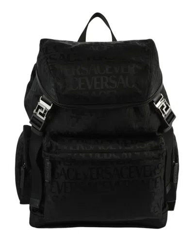 Pre-owned Versace Men's  All Over Logo Nylon Backpack In Black