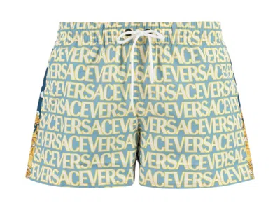 Pre-owned Versace Men's  Allover Logo Print Swim Shortsyellow In Blue/white In Multi