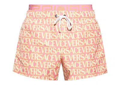 Pre-owned Versace Men's  Allover Logo Swim Shorts In Pink