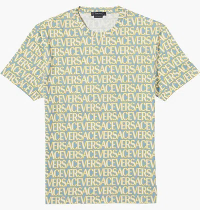 Pre-owned Versace Men's  Allover Logo T-shirt In Blue/yellow In Multi