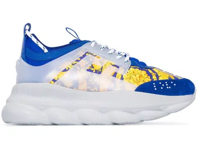 Pre-owned Versace Men's  Baroque Chain Reaction Tte Sneakers In Blue/gold/white