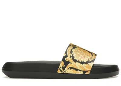 Pre-owned Versace Men's  Baroque Pool Slide Sneakers In Black/gold