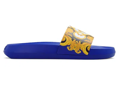 Pre-owned Versace Men's  Baroque Pool Slide Sneakers In Blue/gold