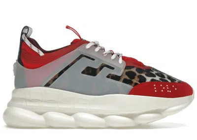 Pre-owned Versace Men's  Chain Reaction Cheeta Sneakers In Red/brown/white In Multi