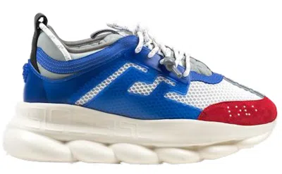 Pre-owned Versace Men's  Chain Reaction Sneakers In White/blue/red In Multi
