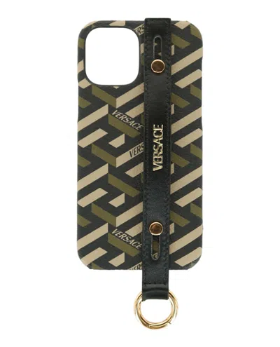 Pre-owned Versace Men's  Coated Canvas La Greca Iphone 12 Case In Green