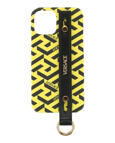Pre-owned Versace Men's  Coated Canvas La Greca Iphone 12 Case In Yellow Black In Multi
