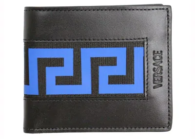 Pre-owned Versace Men's  Greca Bifold Wallet In Black/blue