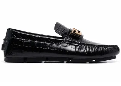 Pre-owned Versace Men's  Greca Loafer Croc Sneakers In Black