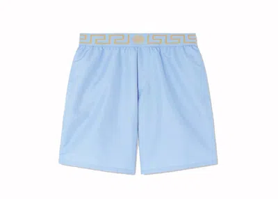 Pre-owned Versace Men's  Greca Long Swim Shorts In Light Blue