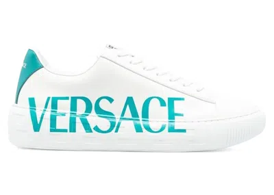 Pre-owned Versace Men's  Greca Sneaker Sneakers In White/aqua Blue In Multi