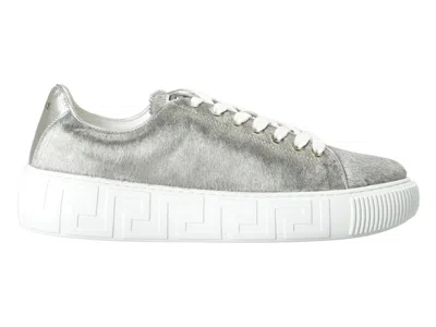 Pre-owned Versace Men's  Greca Sneaker Sneakers In White/silver/pony Hair In Multi