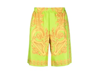 Pre-owned Versace Men's  Heritage Silk Shorts In Green/gold