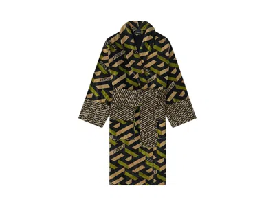 Pre-owned Versace Men's  La Greca Embroidered Bathrobe In Green/gold/black