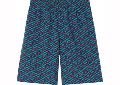 Pre-owned Versace Men's  La Greca Shorts In Blue/purple