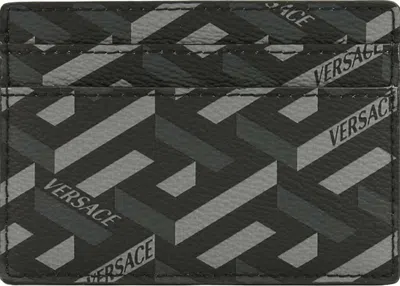 Pre-owned Versace Men's  La Greca Signature Card Case In Black/grey