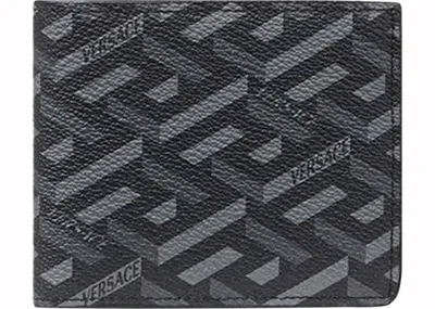 Pre-owned Versace Men's  La Greca Signature Wallet In Black/grey