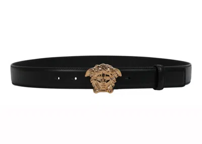 Pre-owned Versace Men's  La Medusa Buckle Leather Belt In Black/gold