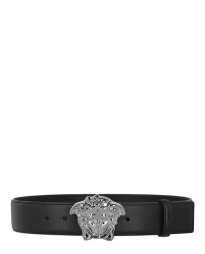 Pre-owned Versace Men's  La Medusa Leather Belt In Black/ruthenium