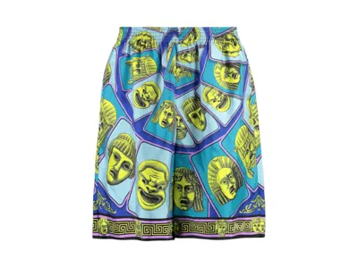 Pre-owned Versace Men's  Le Maschere Mask Silk Shorts In Blue/green