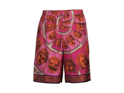 Pre-owned Versace Men's  Le Maschere Mask Silk Shorts In Pink/red