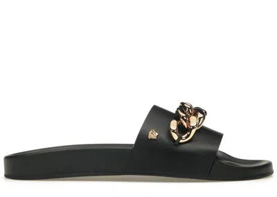 Pre-owned Versace Men's  Medusa Chain Slide Leather Sneakers In Black