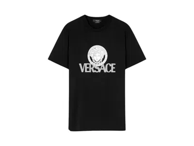 Pre-owned Versace Men's  Medusa White/gray Logo T-shirt In Black