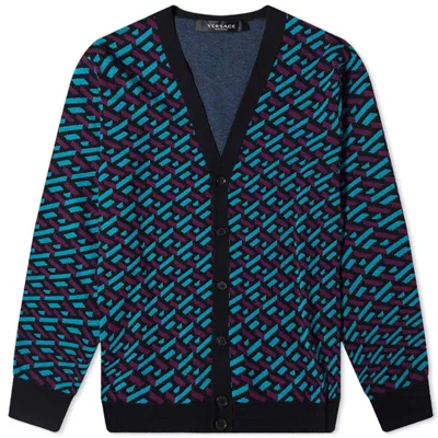 Pre-owned Versace Men's  Monogram Geometric Intarsia Cardigan In Black/blue/purple