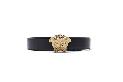 Pre-owned Versace Men's  Palazzo Belt With Medusa Buckle Goldtone In Black