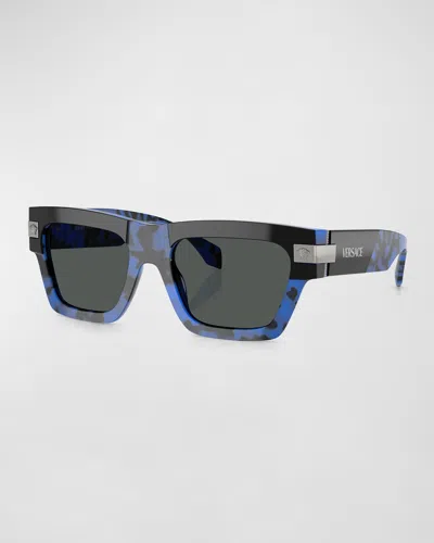 Versace Men's  Plaque Acetate Rectangle Sunglasses In Hava Blue