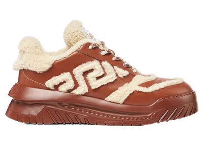 Pre-owned Versace Men's  Shearling Greca Odisea Sneakers In Brown