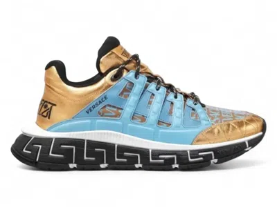 Pre-owned Versace Men's  Trigreca Lowtop Sneakers In Blue/gold In Multi