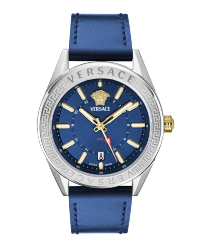 Pre-owned Versace Men's  Vcode Gmt Leather Veafa0124 Watch In Stainless Steel In Silver