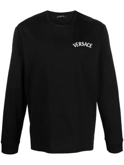 VERSACE BLACK LONG-SLEEVED T-SHIRT WITH EMBROIDERED VERSACE DESIGN FOR MEN