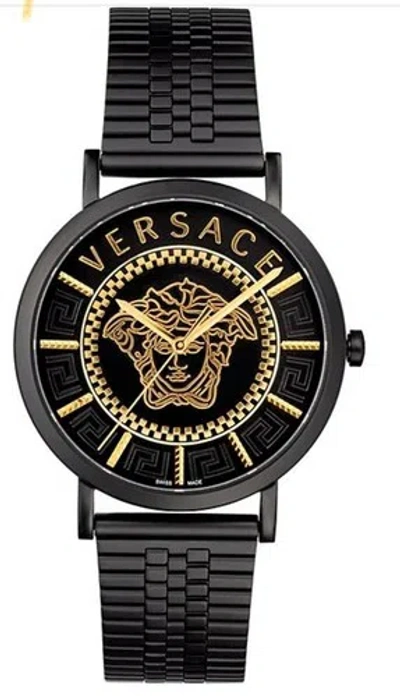 Pre-owned Versace Men Watch V-essential Gold Black Stainless Steel Watch Vej400621