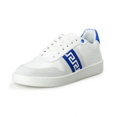 Pre-owned Versace Men's White & Royal Blue "greca" Leather Sneakers Shoes Us 10 It 43