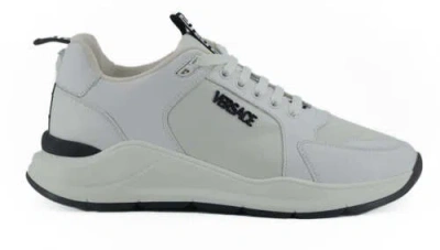 Pre-owned Versace Men White Sneakers 100% Leather Lace Up Round Toe Athletic Trainer Shoes