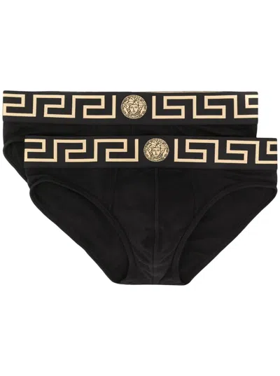 VERSACE MENS SET OF TWO BLACK COTTON BRIEFS WITH GREEK DETAIL