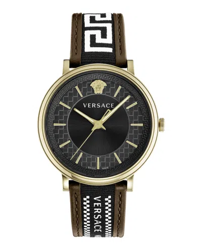 Pre-owned Versace Mens V-circle Gold 42mm Strap Fashion Watch In Brown