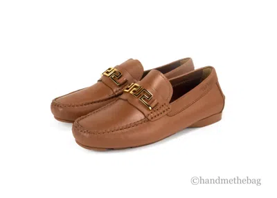 Pre-owned Versace Mens Warm Brown Leather Gold Greek Key Slip On Driver Loafer Shoes