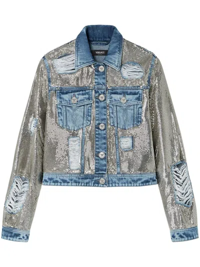 Versace Metal Mesh Denim Jacket In Silver