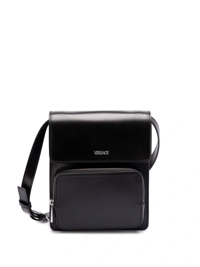 Versace Crossbody Leather Messenger Bag In Black