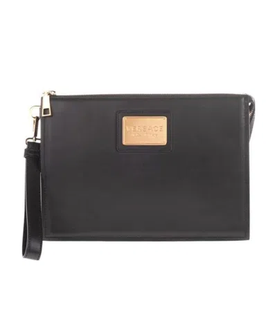 Versace Metal Logo Zipper Handbag In Black