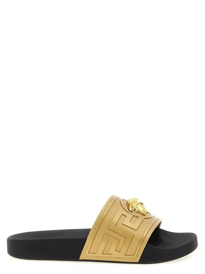Versace Metal Medusa Logo Slides In Tan